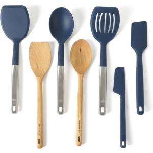 image:imageCalphalon Edge 6 Piece Stainless Steel Kitchen Tool amp Gadget Set Navy BlueNavy Blue w Silicone  Teak Wood Prime  7pc Utenstil Set