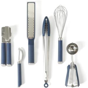image:imageCalphalon Edge 6 Piece Stainless Steel Kitchen Tool amp Gadget Set TaupeNavy Blue w Silicone Edge  6pc Utensil Set