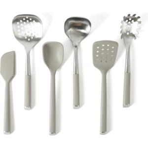 image:imageCalphalon Edge 6 Piece Stainless Steel Kitchen Tool amp Gadget Set TaupeTaupe w Silicone Edge  6pc Utensil Set